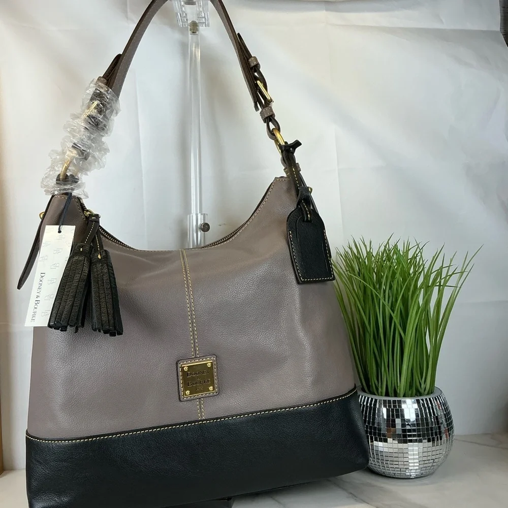 Dooney & Bourke Sophie Hobo Mushroom Taupe Black Leather Bag Tassels NWT‎